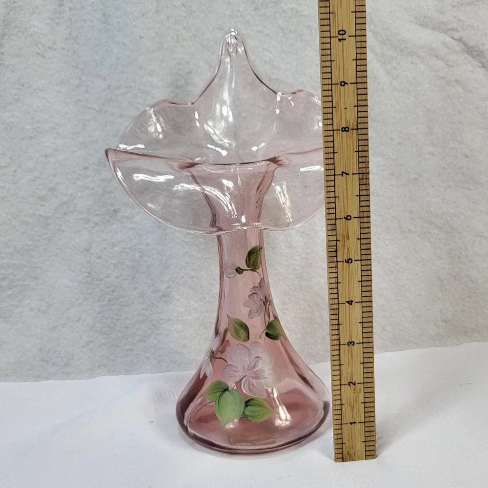 Fenton Pink Glass‎ Hand Painted Floral Ruffled Vase Signed 1991 USA